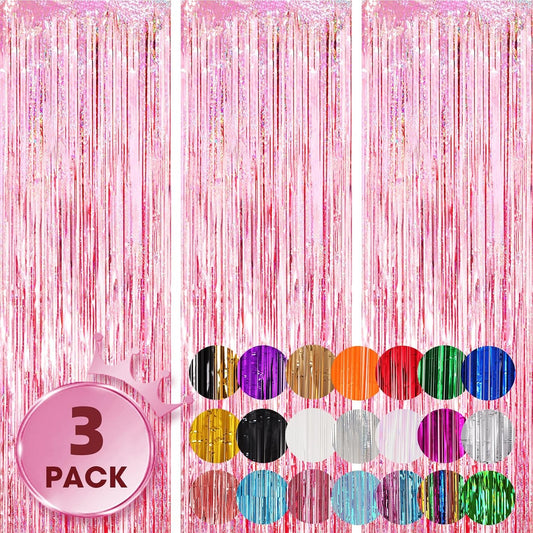 3 Pack 3.3x8.2 Feet Laser Pink Foil Fringe Backdrop Curtains, Tinsel Streamers Birthday Party Decorations, Fringe Backdrop for Graduation, Baby Shower, Gender Reveal, Disco Party