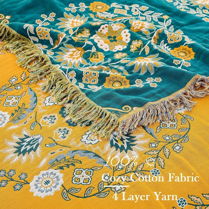 Boho Throw Blanket, 100% Cotton Ultra Soft Luxury Throw Rustic Quilt, Floral Printed Farmhouse Decor Bed Summer Blankets, All Season Rustic Reversible Bohemian Throw for Bed (80"x90" Yellow