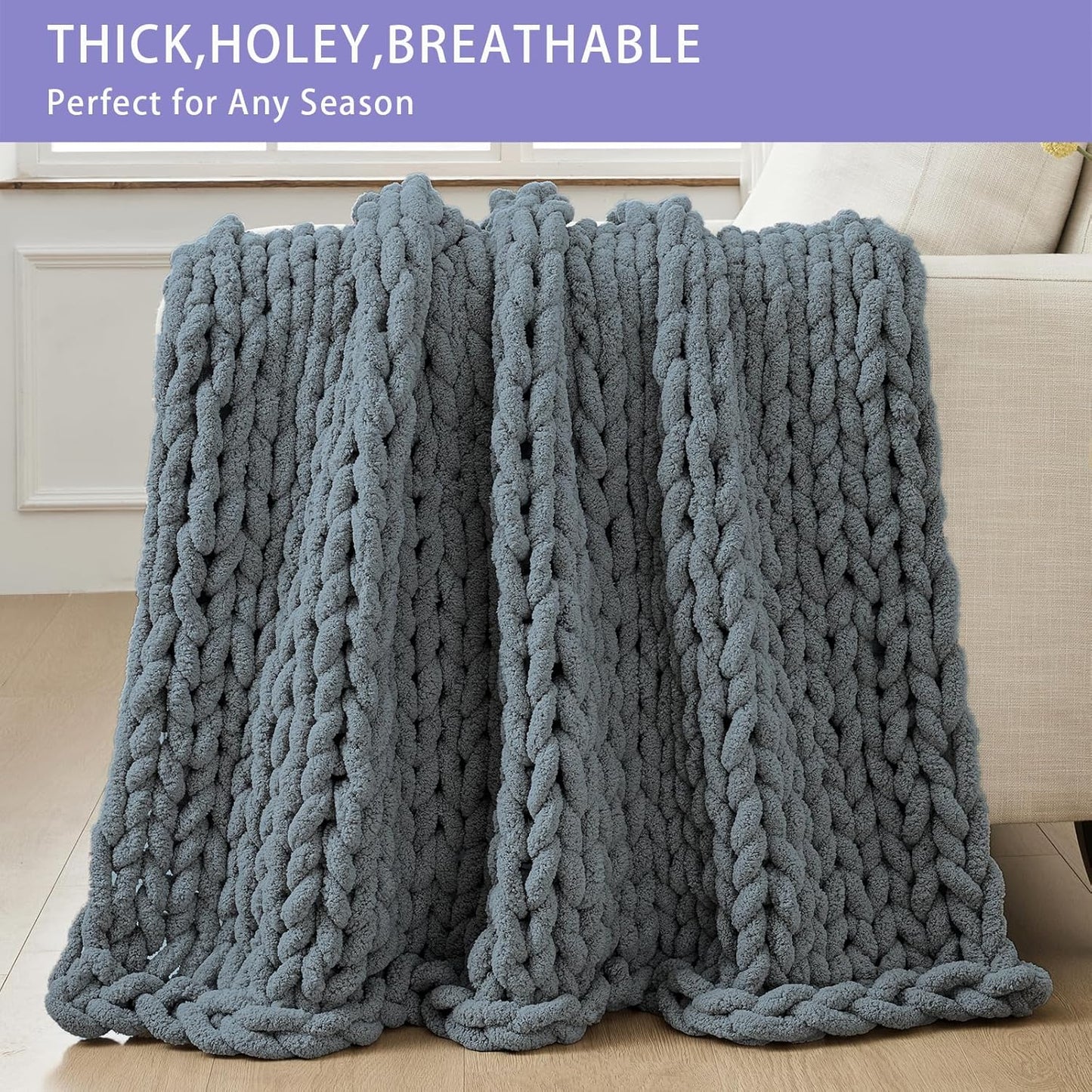 Bigacogo Chunky Knit Throw Blanket for Couch, 40x40 inches, 100% Hand Knitted with Thick Jumbo Chenille Yarn, Cozy Soft Large Rope Knot Cable Crochet Blankets for Sofa Bed Living Room, Iron Gray