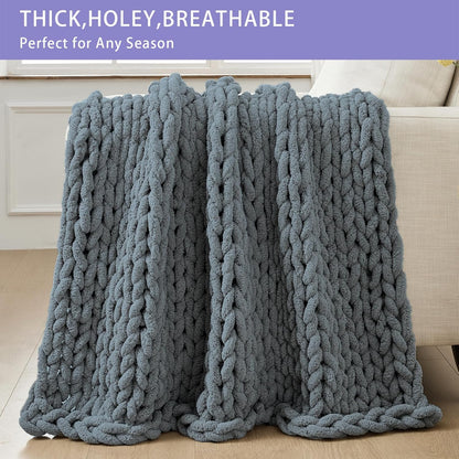Bigacogo Chunky Knit Throw Blanket for Couch, 40x40 inches, 100% Hand Knitted with Thick Jumbo Chenille Yarn, Cozy Soft Large Rope Knot Cable Crochet Blankets for Sofa Bed Living Room, Iron Gray