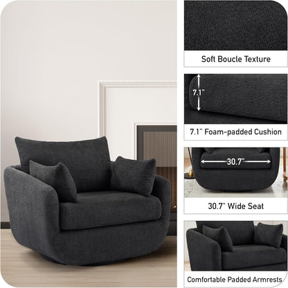 360° Swivel Accent Armchair, 39.3" Oversized, Sherpa Boucle Fabric Sofa Chair with Removable Back & Arm Pillows, Swivel Chair with Cozy Soft Padded, No Assembly Required (1, Dark Gray)