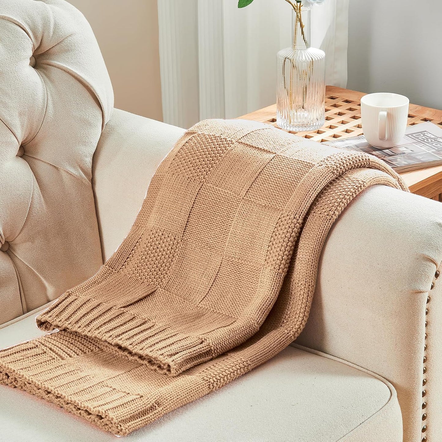 CozeCube Check Knit Throw Blanket, Beige Checkered Throw for Couch, Decorative Christmas Soft Cozy Warm Knitted Blanket for Bed Sofa Living Room, 60"X80"