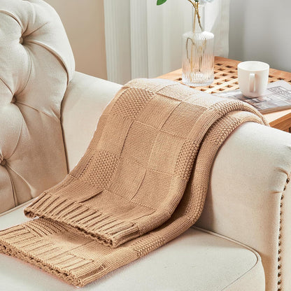 CozeCube Check Knit Throw Blanket, Beige Checkered Throw for Couch, Decorative Christmas Soft Cozy Warm Knitted Blanket for Bed Sofa Living Room, 60"X80"