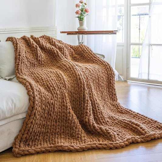 Chunky Knit Blanket - Luxury Soft Cozy 60 * 80 Throw Blanket,100% Woven Blanket Rope Knot Throw Blanket for Couch, Sofa, Home Decor, Gift - Machine Washable（Brown）