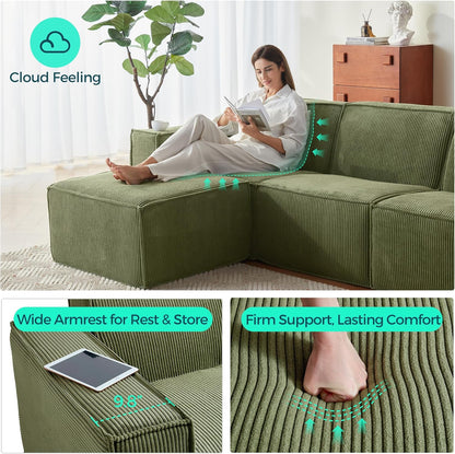 LINSY HOME Modular Sectional Sofa, 105" Boneless Couch L Shaped 3-Seat Sofa with Ottoman, Corduroy Sectional Cloud Couches for Living Room, No Assembly Required, Green