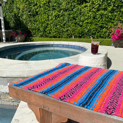 Del Mex Classic Mexican Blanket, Large Authentic Woven Falsa Throw (70"x50"), Artisan Southwest Décor for Beach, Yoga, Outdoors (Turquoise/Pink/Orange)
