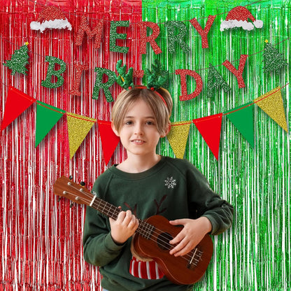 BRAVESHINE Tinsel Foil Fringe Curtains - 2 Pack 3.2 x 8.2 ft Metallic Photo Booth Streamer Backdrops for Birthdays Fiestas Melons Hawaiian Luau Tropical-Theme Christmas Party Decorations - Red Green