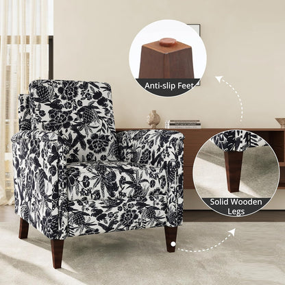 Floral Accent Chair, High Back Upholstered Armchair with Solid Wooden Legs, Padded Armrest and Removable Comfortable Cushioned Seat Single Sofa for Living Room, Bedroom, Black