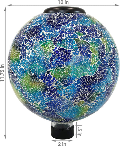 Sunnydaze Azul Terra 10" Crackled Glass Garden Gazing Globe with LED Solar Light - Set of 2