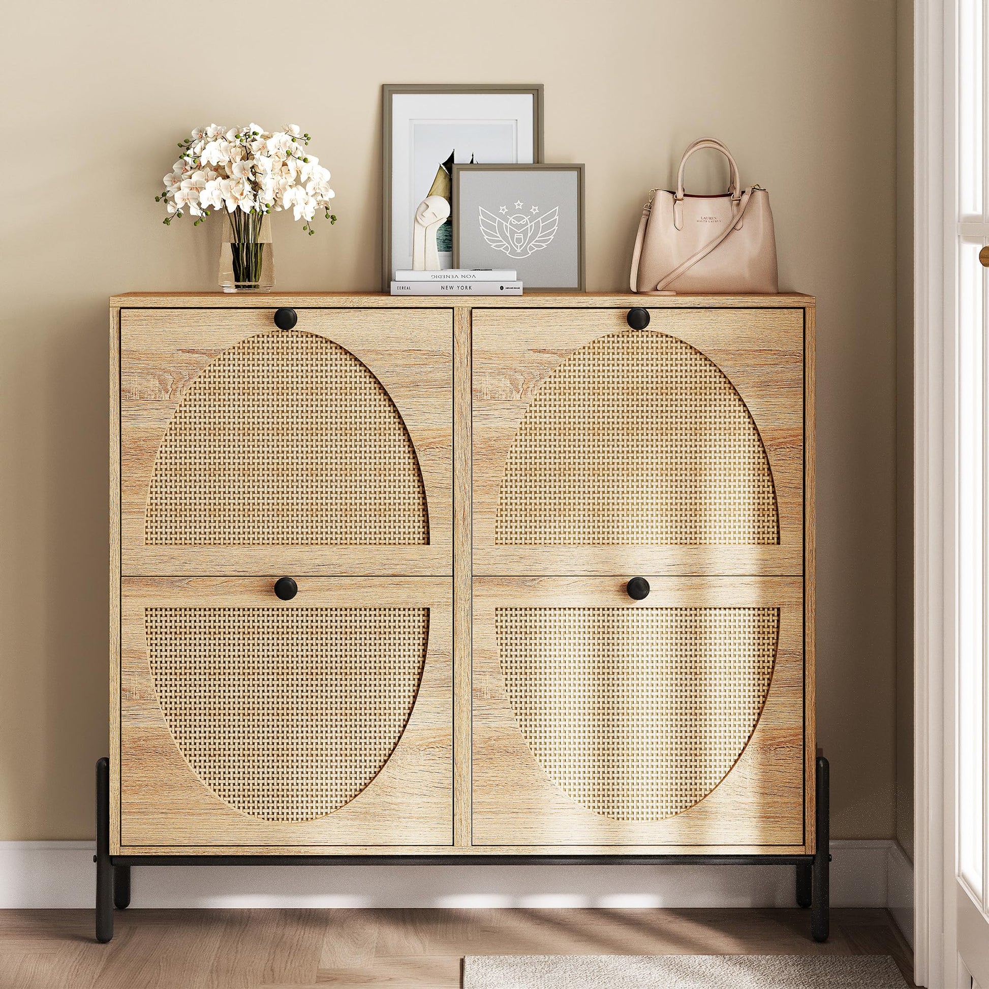 IRONCK Rattan Shoe Cabinet Storage with 4 Flip Drawers, Oak