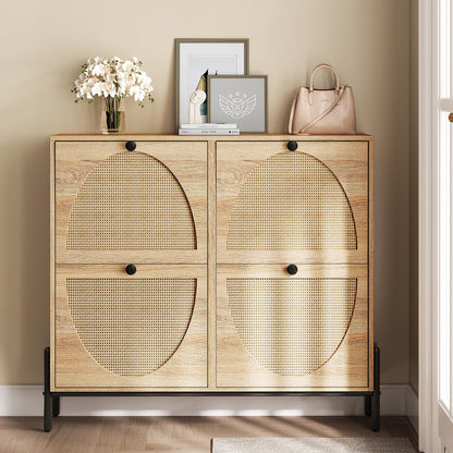 IRONCK Rattan Shoe Cabinet Storage with 4 Flip Drawers, Oak
