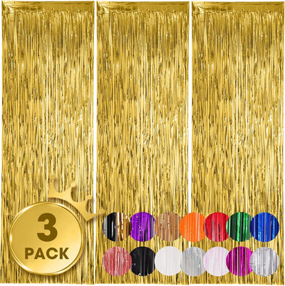 3 Pack 3.3x8.2 Feet Gold Foil Fringe Backdrop Curtains, Tinsel Streamers, Fringe Backdrop for 2025 New Years Eve, Graduation, Birthday, Baby Shower, Gender Reveal, Disco Party