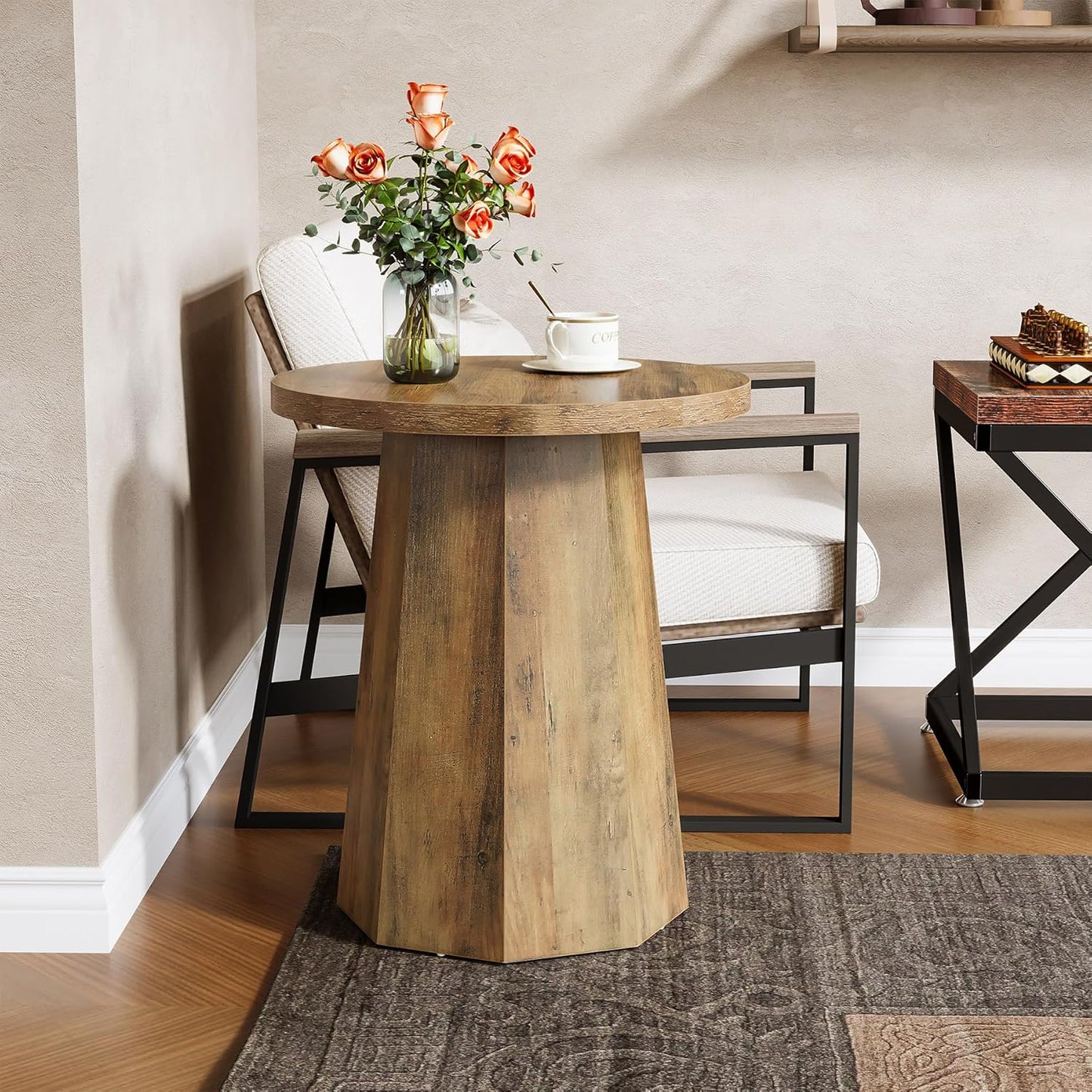 Tribesigns Round Pedestal End Table, Farmhouse Couch Side Table with Octagonal Base, Nightstand Accent Wooden Drink Stand (1, Rustic Brown)