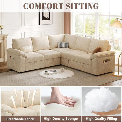 85 Inch Sectional Sleeper Sofa with Pull Out Bed,L Shaped 5 Seat Modular Sectional Sofa with Storage,Sectional Couches for Living Room,Cloud Modular Couch,Removable Sofa Cover,Beige