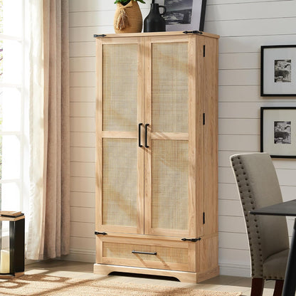 72" Tall Rattan Kitchen Pantry Cabinet with Drawer, Boho Storage Cabinet with 2 Rattan Doors and Shelves, Versatile Large Cabinet for Dining Room, Bathroom, Living Room, Laudry, Natural Oak
