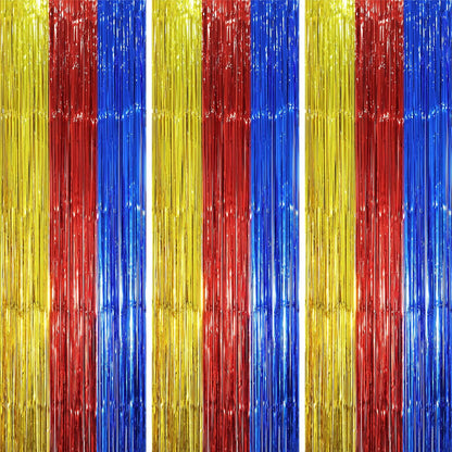 3 Pack 3.3 x 8.2 ft Blue Red Gold Foil Fringe Backdrop Curtains, Tinsel Streamers Party Decorations, Fringe Backdrop, Door Shimmer for Birthday Party