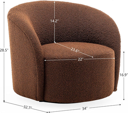 KINWELL Sherpa Swivel Barrel Chair & Round Ball Pillow Set - 34" Wide Modern Boucle Accent Chair with 9” Matching Nordic Decorative Throw Pillow for Living Room and Bedroom(Brown)