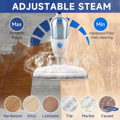 Steam Mop for Floor Cleaning, 10in1 Multi Purpose Handheld Steamer Cleaner Detachable for Vinyl, Laminate, Carpet, Tile Hard Floor Grout w/ 2 pad, 23ft Cord, 15oz Tank, Adjustable Steam & Height