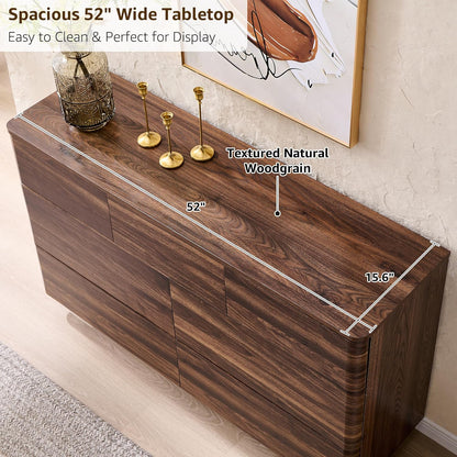 Modern 7 Drawer Dresser for Bedroom, 52" Wide Handleless Chest of Drawers, Push-to-Open Large Wood Storage, Dresser TV Stand for Bedroom, Living Room, Hallway, Curved Profile, Brown