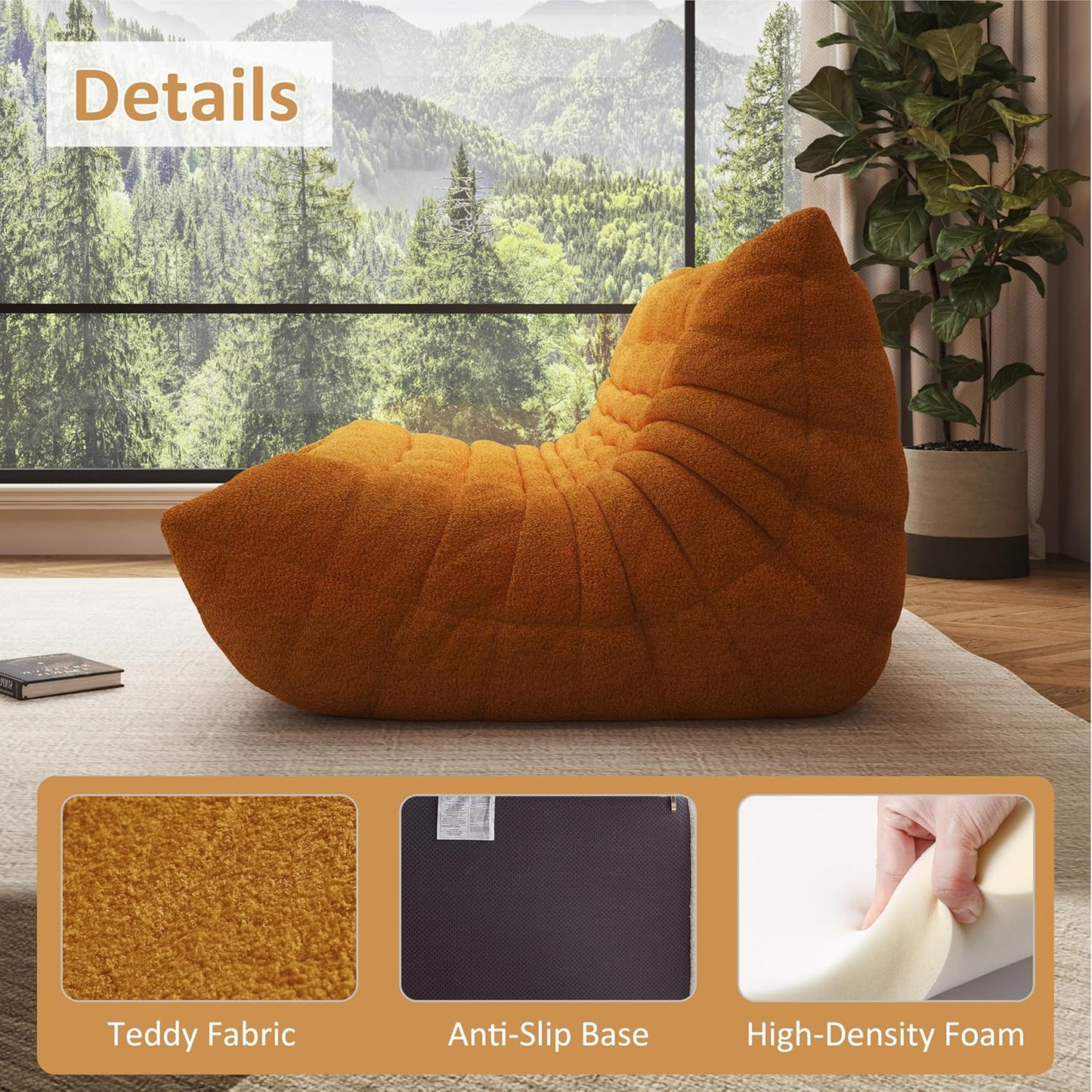 Bean Bag Chair, Oversized Bean Bag Chair for Living Room, Fireside Chair for Adults with Memory Foam Filled, Big Accent Lounge Floor Sofa for Reading, Relax, No Assembly Required. (Yellow 3-Seater)