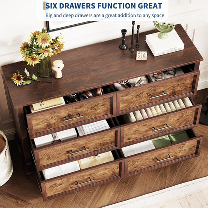 GAOMON Brown 6 Drawer Dresser for Bedroom, Farmhouse 47.2" Wide Chest of Drawers with Metal Handles, Rustic Double Wood Dresser, Storage Dressers Organizer for Living Room, Nursery