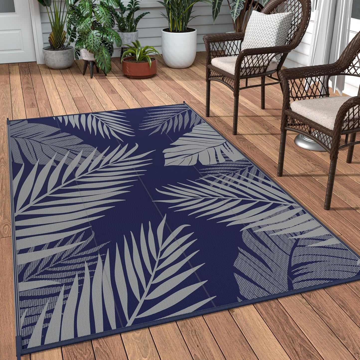 GENIMO Outdoor Rug 3' x 5' Waterproof for Patios Clearance, Reversible Outdoor Plastic Straw Camping Rug Carpet, Large Area Rugs Mats for RV, Camper, Deck, Balcony, Porch, Beach, Picnic Navy Blue&Grey
