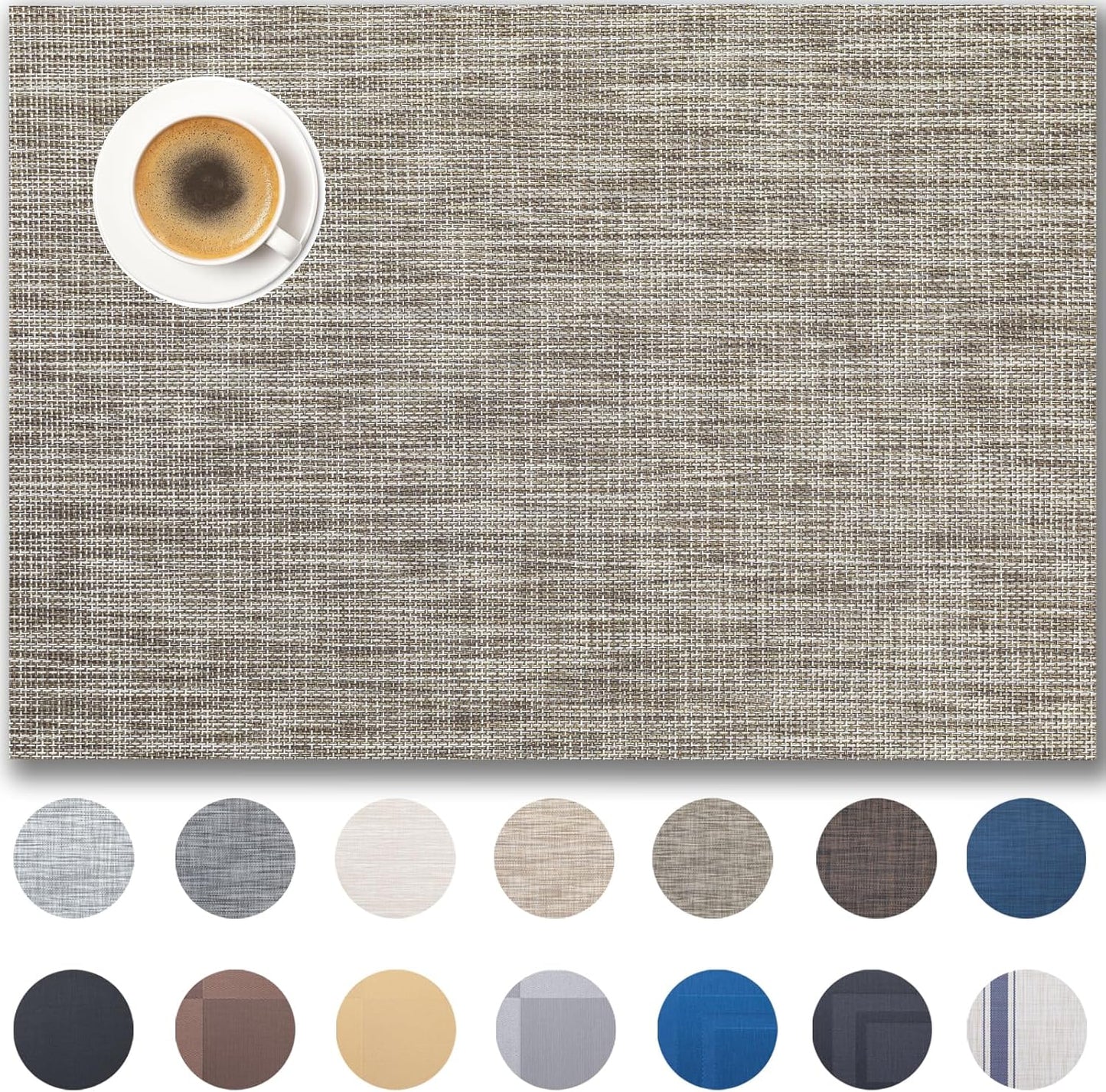 Placemats Set of 12 - Easy Clean Woven Vinyl Placemats for Dining Table, Indoor/Outdoor Place Mats, Washable PVC Table Mats（Cappuccino）