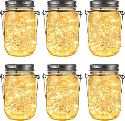 GIGALUMI Hanging Mason Jar Solar Lights, 6 Pack 30 Led Tinplate Lids Hanging Solar Lanterns Outdoor Waterproof, Hangers and Jars Included, Outdoor Decor for Balcony, Garden, Patio, Yard, Wedding