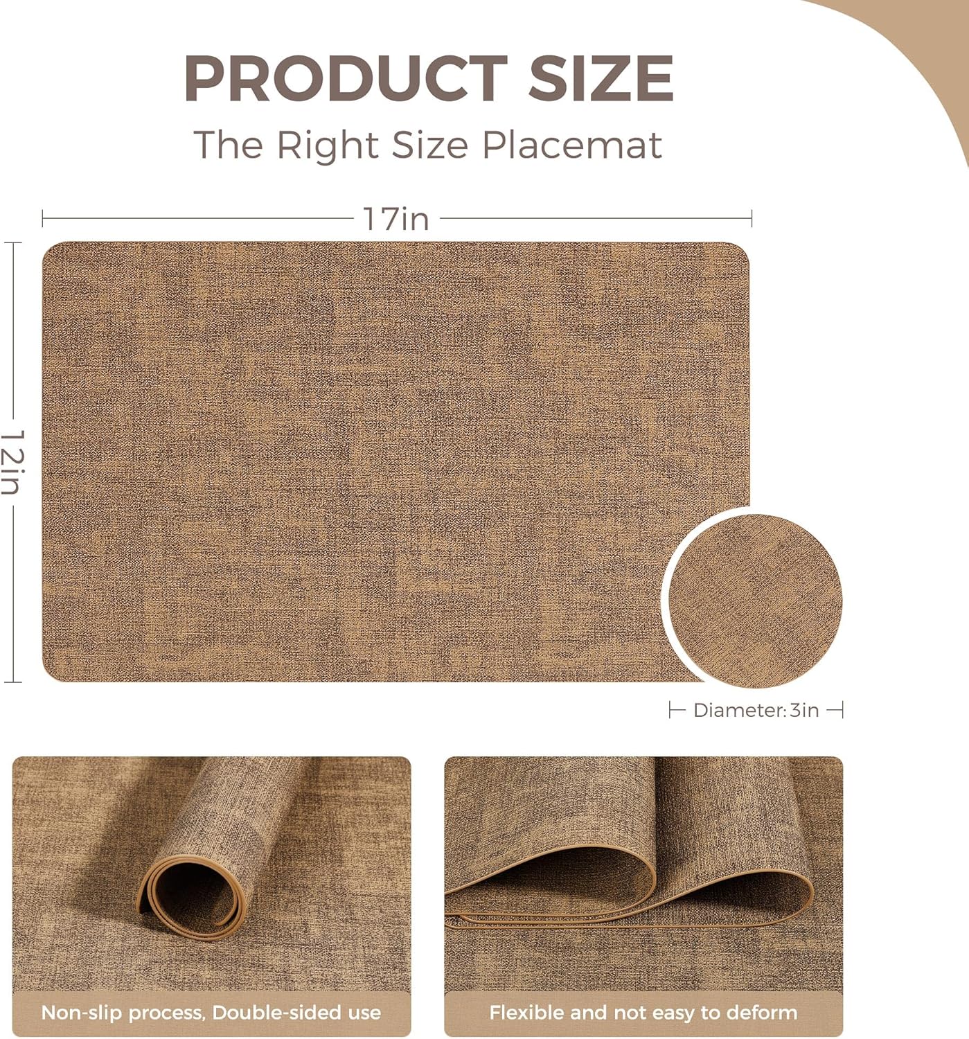 Vinyl Placemats Set of 4, Faux Leather Waterproof and Heat Resistant Place Mats, Washable Anti-Slip Table Mats with Coaster, Wipeable Placemats for Indoor & Outdoor 17" x 12" (Light Brown, Set of 4)