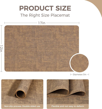 Vinyl Placemats Set of 4, Faux Leather Waterproof and Heat Resistant Place Mats, Washable Anti-Slip Table Mats with Coaster, Wipeable Placemats for Indoor & Outdoor 17" x 12" (Light Brown, Set of 4)