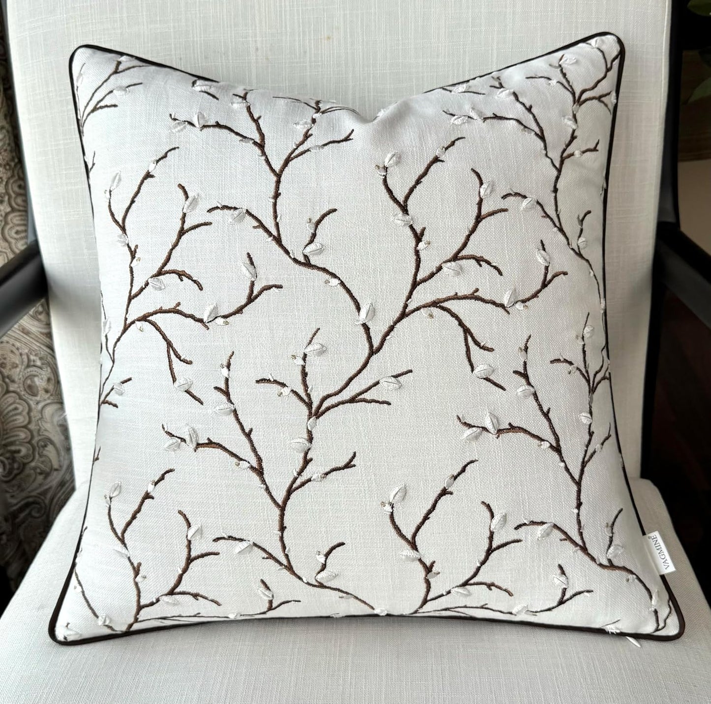 VAGMINE Embroidered Pussy Willow Throw Pillow Cover - 18x18 Inches Square - 100% Cotton Ivory Decorative Cushion Cover - Floral Embroidery - Soft Neutral Accent for Sofa, Bed, Couch, Farmhouse Décor