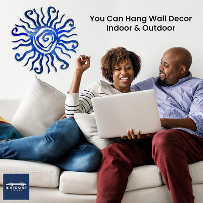 Riverside Designs Wacky Sun Metal Wall Art Indoor/Outdoor Decor - 30" Blue Rust Proof Wall Sculpture - Made in USA - Ideal for Bedroom, Garden, Home, Patio and Farmhouse