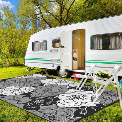 GENIMO Outdoor Rug Waterproof for Patio Decor, 8' x 10' Reversible Plastic Straw Floral Camping Carpet, Large Area Rugs Mats for RV, Camper, Deck, Balcony, Porch, Beach, Picnic, Mix-Black & White