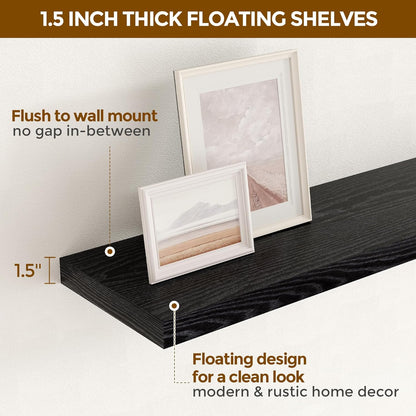 Fun Memories Black Floating Shelves 32 Inch Long, 9 Inch Deep Floating Bookshelf Wall Mounted, Farmhouse Wood Shelves White for Bathroom, Living Room, Bedroom, Home Decor Deep Shelf for Wall Set of 2