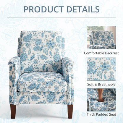 Floral Accent Chair, High Back Upholstered Armchair with Solid Wooden Legs, Padded Armrest and Removable Comfortable Cushioned Seat Single Sofa for Living Room, Bedroom, Blue