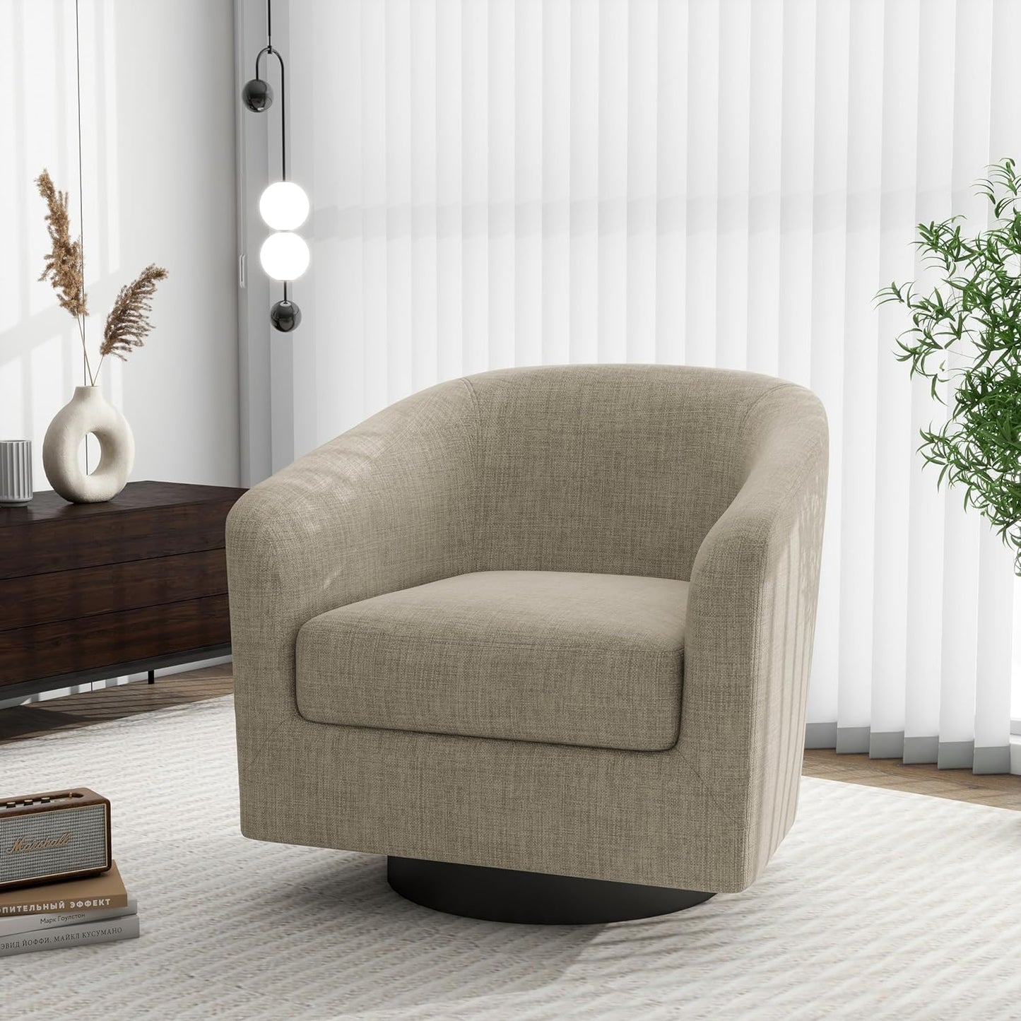 Swivel Barrel Accent Chair, Modern Round Linen Arm Chair for Living Room, Bedroom, Comfy Club Reading Chairs for Adults-Linen Fabric Light Brown, 1SEAT