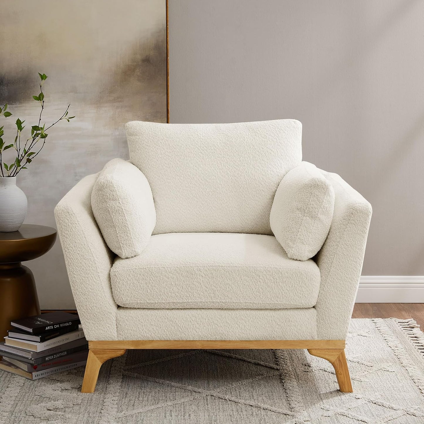 Large-Sized Accent Chair, Thick Cushion Bedroom Reading Chair, Comfortable Living Room Single Sofa, Boucle Milky White