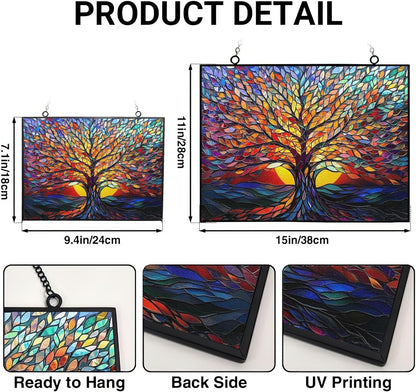 Rectangle Tree of Life Stained Glass Window Hanging, 15" W X 11" H Stained Glass Panel with Chain, Suncatchers for Windows Hanging Decorations, Gifts for Mom, Grandma, Wife, Sister