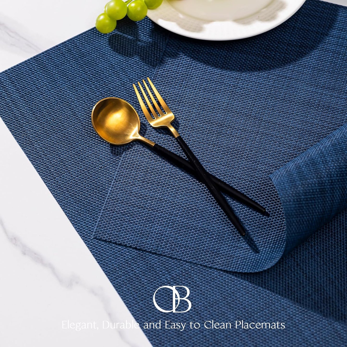 Placemats Set of 4 - Easy Clean Woven Vinyl Placemats for Dining Table, Indoor/Outdoor Place Mats, Washable PVC Table Mats（Navy Blue）
