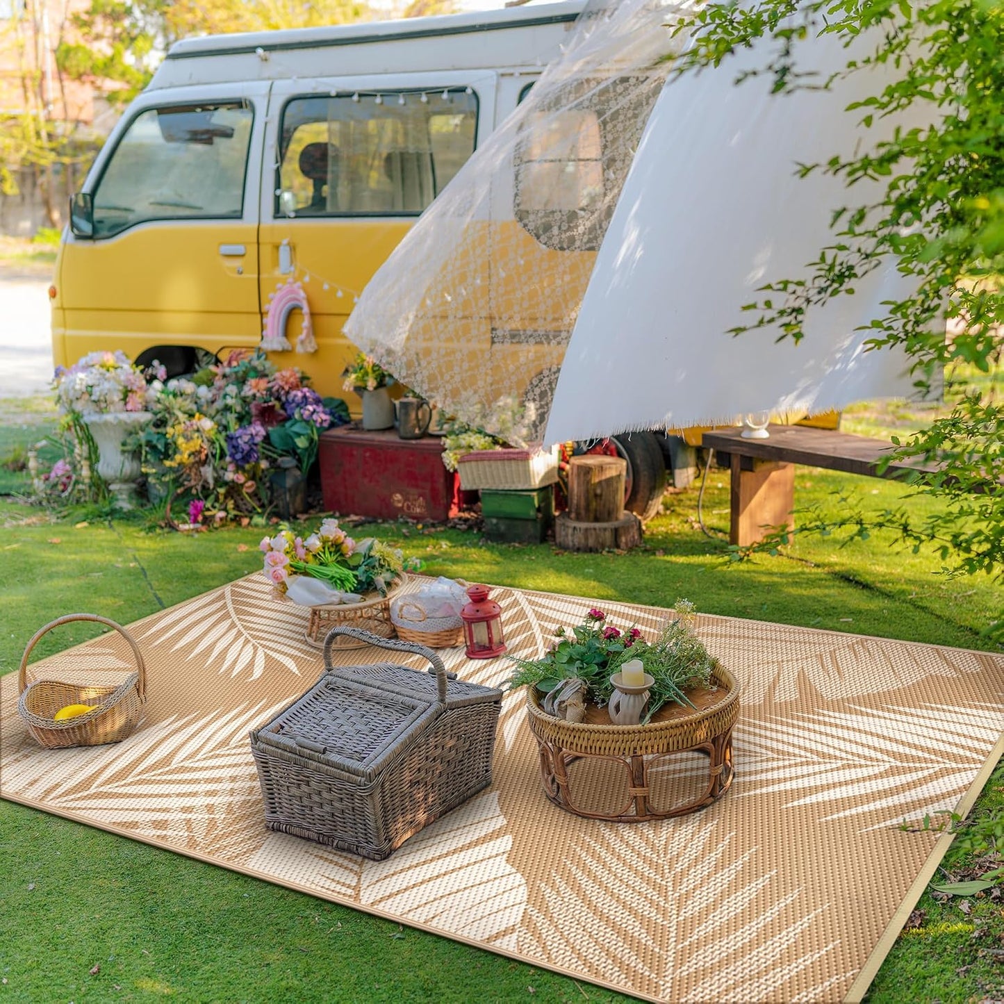 GENIMO Outdoor Rug 5' x 8' Waterproof for Patios Clearance, Reversible, Plastic Straw Camping Rug Carpet, Large Area Rugs Mats for RV, Picnic, Backyard, Deck, Balcony, Porch, Beach, Brown&Beige
