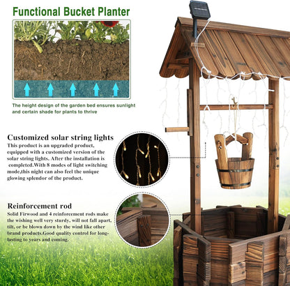 Garden Wooden Decor Rustic Wishing Well with Light Planter Outdoor Home Décor for Patio, Upgrade Wishing Well Garden, Yard Hanging Bucket Patio Lawn Backyard Home Decor