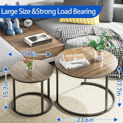 aboxoo Coffee Table Nesting Side Round Table Set of 2 End Table with Sturdy Metal Frame for Living Room Bedroom Apartment Modern Industrial Simple Nightstand,Oak