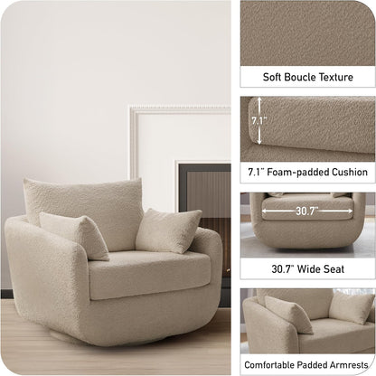 360° Swivel Accent Armchair, 39.3" Oversized, Sherpa Boucle Fabric Sofa Chair with Removable Back & Arm Pillows, Swivel Chair with Cozy Soft Padded, No Assembly Required (1, Camel)