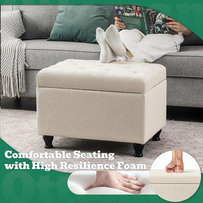 Ottoman with Storage 24'' Storage Ottomans Fabric Ottoman Footstools Small Upholstered Foot Rest Stool for Couch, Living Room, Bedroom, Entrance Shoe Bench Beige