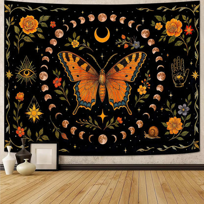 Lunerfex Moon Phase Butterfly Floral Wall Tapestry, Celestial Botanical Tapestries for Room Decor, Mystical Tapestry 80x60 Inch