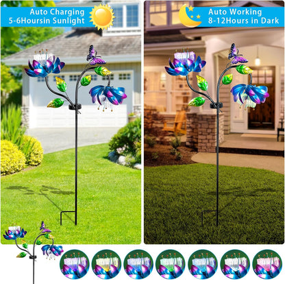 50'' Solar Powered Kinetic Wind Spinner Sculpture Blue Lotus Metal Stake Spinner for Patio, Lawn and Garden Decor Weather Resistant Outdoor Art with Dual Lotus with Butterfly Design