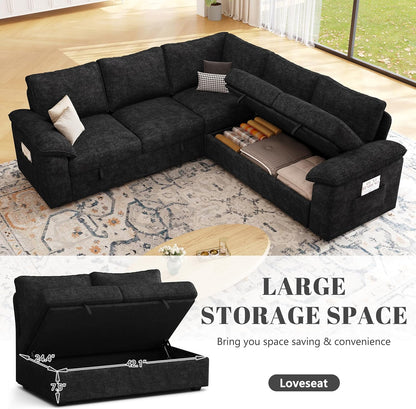 85 Inch Modular Sectional Sofa with Pull Out Bed,L Shaped 5 Seat Sectional Sleeper Sofa with Storage,Sectional Couches for Living Room,Cloud Modular Couch,Removable Sofa Cover,Black