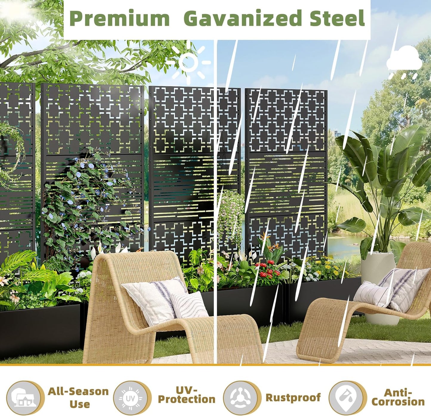 Casaphoria Metal Raised Garden Bed with Trellis and Wheels, 72"x47"x16" Planter Box for Climbing Plants, Vegetables & Vines, Features Drainage Holes and Privacy Screen, Black(Parallel&Louvered)