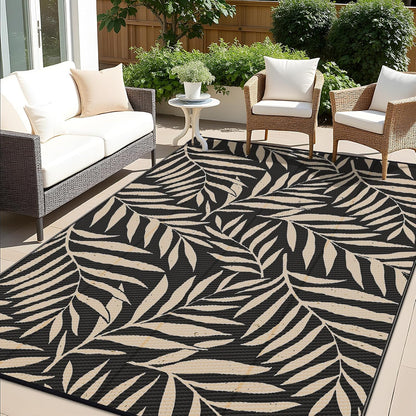 OLANLY Waterproof Outdoor Rug 8x10 ft, Reversible Outdoor Plastic Straw Rug with Leaf Pattern, RV Mat, Indoor Outdoor Carpet for Patio, Camping, Balcony, Deck, Backyard, Black & Beige