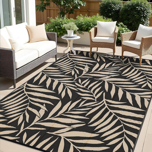OLANLY Waterproof Outdoor Rug 8x10 ft, Reversible Outdoor Plastic Straw Rug with Leaf Pattern, RV Mat, Indoor Outdoor Carpet for Patio, Camping, Balcony, Deck, Backyard, Black & Beige